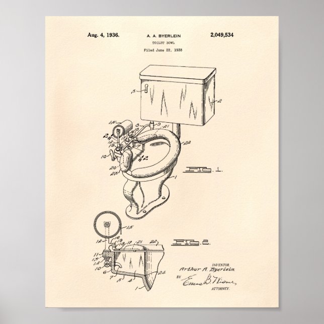 Toilet Bowl 1936 Patent Art Old Peper Poster (Framsidan)