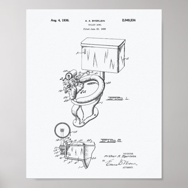 Toilet Bowl 1936 Patent Art White Papper Poster (Framsidan)