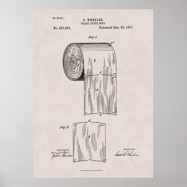 Toilet Papper Patent nr 465,588 av S. Wheeler 1891 Poster (Framsidan)