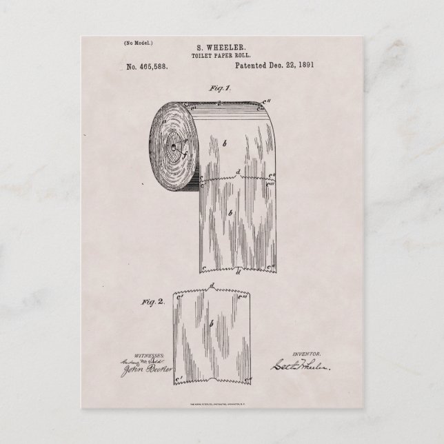 Toilet Papper Patent nr 465,588 av S. Wheeler 1891 Vykort (Framsida)