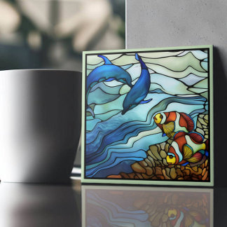 Töjda art nouveau-fiskar och delfiner glaserade kakelplatta