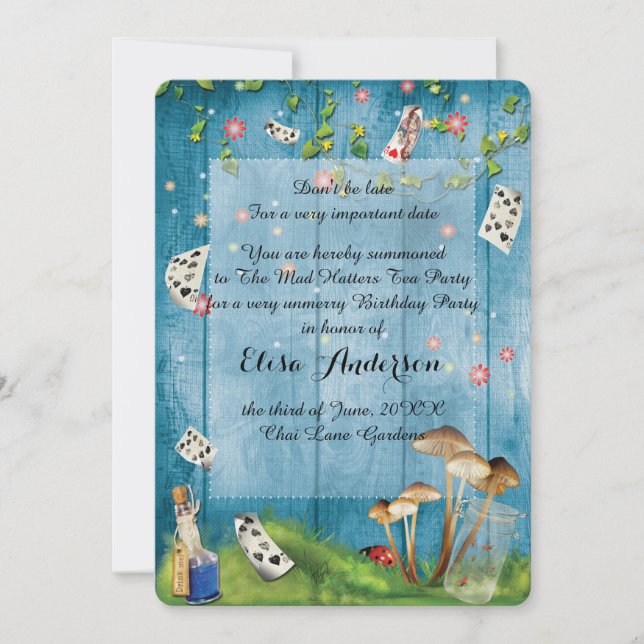 Tokig födelsedagsfest inbjudan för HatterTeaparty (Framsida)