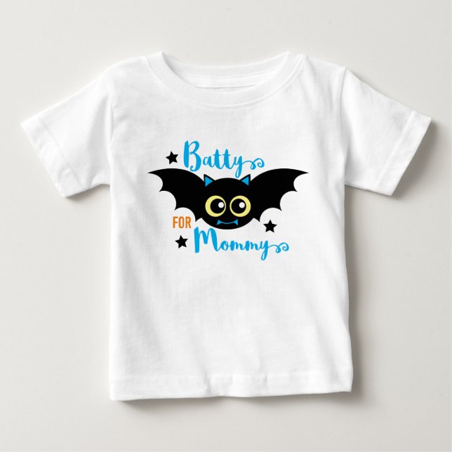 Tokig i Mamma Söt 1:a Halloween Blå Fladdermus  T Shirt (Framsida)