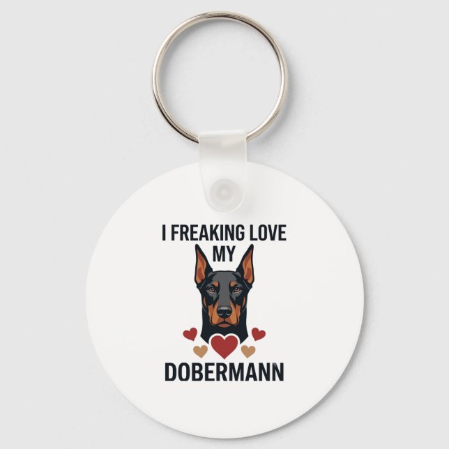 Tokig kärlek dobermann hund röda hjärtan_1 nyckelring (Framsida)