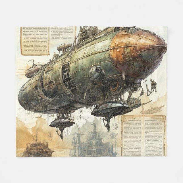 Tokig Uppfinnare Steampunk Luftskeppsritning Fleecefilt (Framsidan (Horisontell))