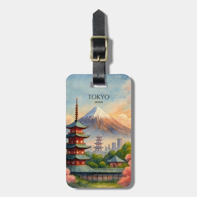 Tokio Japan Stadssiluett Akvarell Souvenir Bagagebricka (Vertikal Framsida)