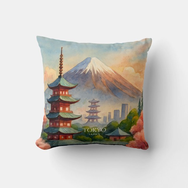 Tokio Japan Stadssiluett Akvarell Souvenir Kudde (Framsida)
