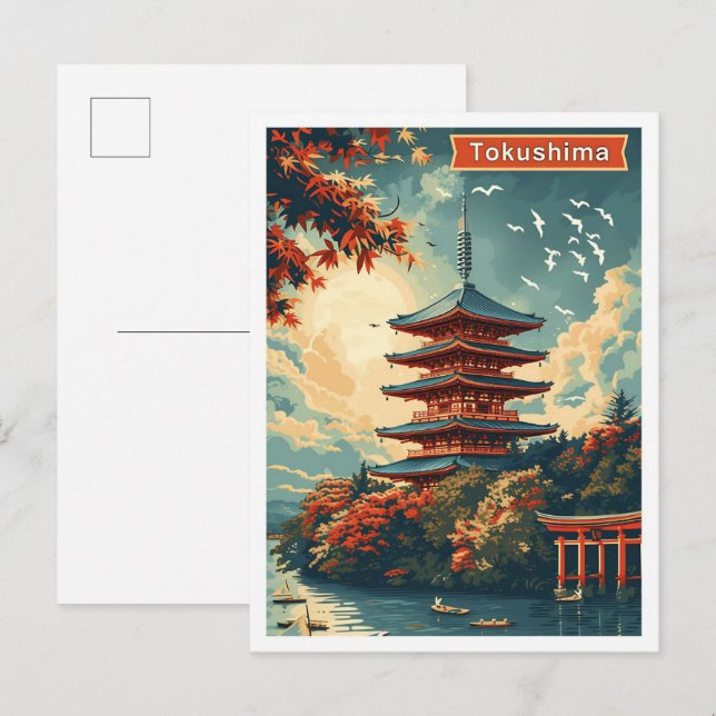 Tokushima Japan Vintage Art Travel Illustration Vykort (Fram/baksida)