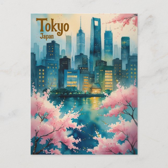 Tokyo Cherry Blommars Postcard - Sakura med City Vykort (Framsida)
