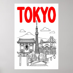 Tokyo City Wall Art Fet Röd Bokstav med Ikoniska Poster