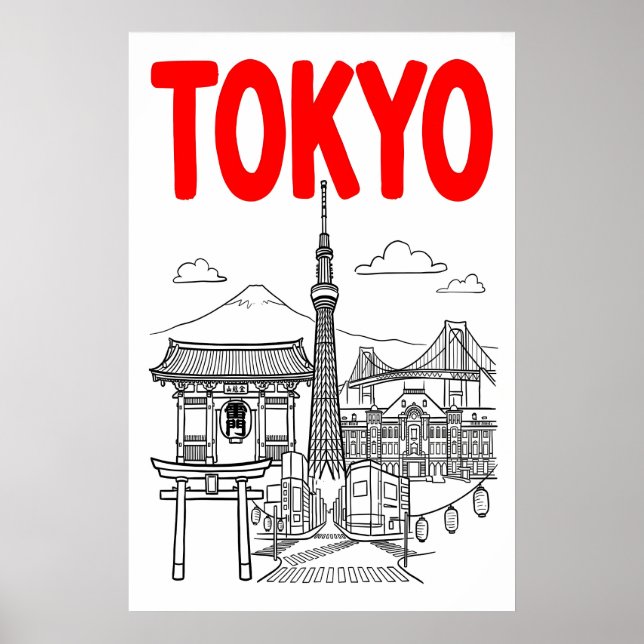 Tokyo City Wall Art Fet Röd Bokstav med Ikoniska Poster (Framsidan)
