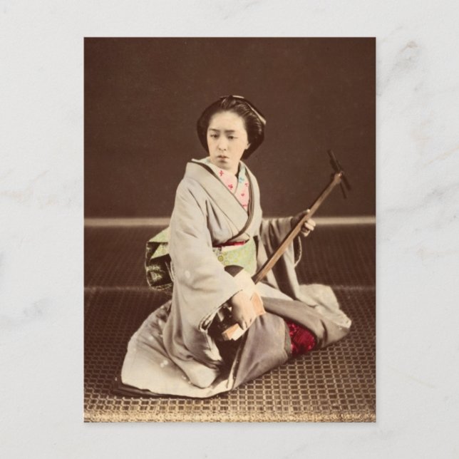 Tokyo Geisha med Shamisen, c. 1870 Vykort (Framsida)