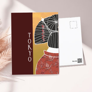 Tokyo Japan Kimono Yukata Shrine Hand Illustrated Vykort
