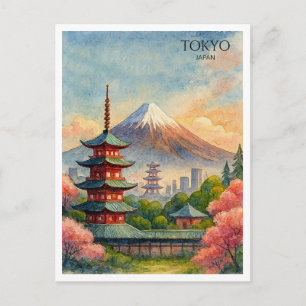 Tokyo Japan Stadsscenarie Akvarell Souvenir Helg Vykort