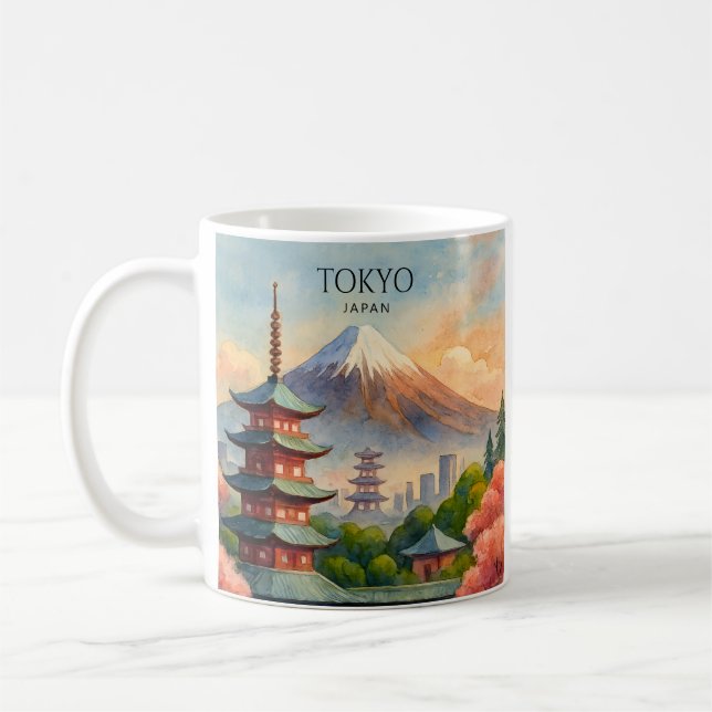 Tokyo Japan Stadssiluett Akvarell Souvenir Kaffemugg (Vänster)