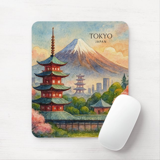 Tokyo Japan Stadssiluett Akvarell Souvenir Musmatta (Med mus)
