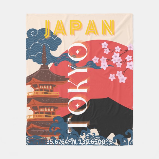 Tokyo Japan Travel Art, Retro Travel Art Fleecefilt (Framsidan)