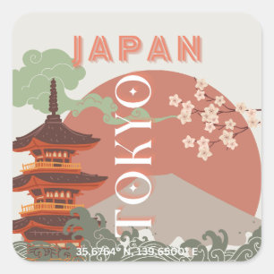 Tokyo Japan Travel Art, Retro Travel Art Fyrkantigt Klistermärke