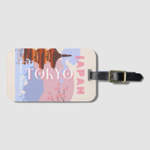 Tokyo Japan Travel Art, Retro Travel Art, Rosa Bagagebricka