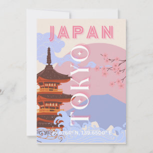 Tokyo Japan Travel Art, Retro Travel Art, Rosa Julkort