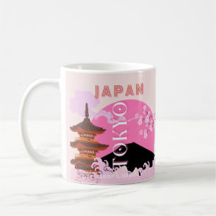 Tokyo Japan Travel Art, Retro Travel Art, Rosa Kaffemugg