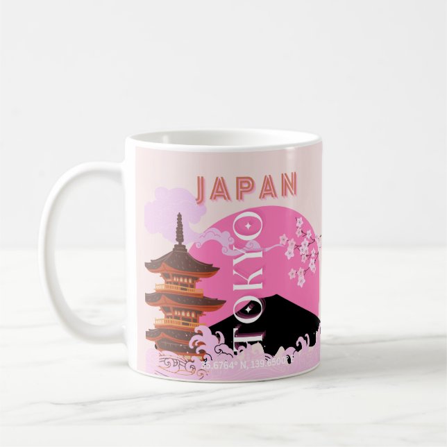 Tokyo Japan Travel Art, Retro Travel Art, Rosa Kaffemugg (Vänster)