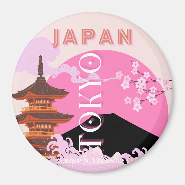 Tokyo Japan Travel Art, Retro Travel Art, Rosa Magnet (Framsidan)