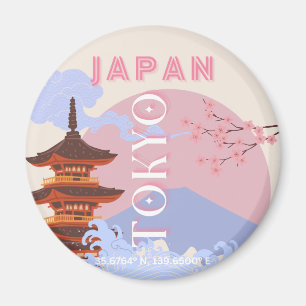 Tokyo Japan Travel Art, Retro Travel Art, Rosa Magnet