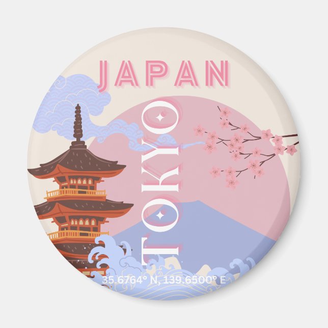 Tokyo Japan Travel Art, Retro Travel Art, Rosa Magnet (Framsidan)