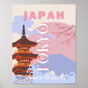Tokyo Japan Travel Art, Retro Travel Art, Rosa Poster