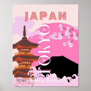Tokyo Japan Travel Art, Retro Travel Art, Rosa Poster