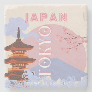 Tokyo Japan Travel Art, Retro Travel Art, Rosa Stenunderlägg