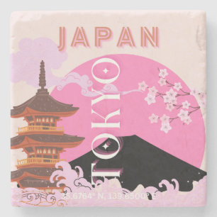 Tokyo Japan Travel Art, Retro Travel Art, Rosa Stenunderlägg