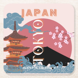 Tokyo Japan Travel Art, Retro Travel Art Underlägg Papper Kvadrat