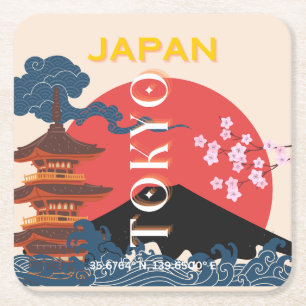 Tokyo Japan Travel Art, Retro Travel Art Underlägg Papper Kvadrat
