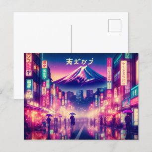 Tokyo med neon ljus och Mount Fuji. vykort. Vykort