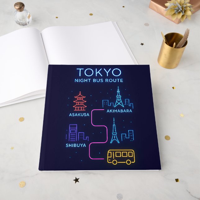 Tokyo Night Bus Route Gästbok – Neon Japan (Framsidan öppen)