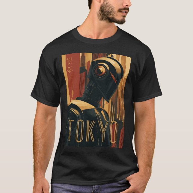 Tokyo Retro Art Deco Poster with Futuristic Robot T Shirt (Framsida)