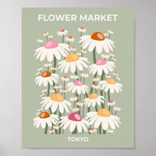 Tokyo Retro Daisys Sage Grönt för blommans marknad Poster