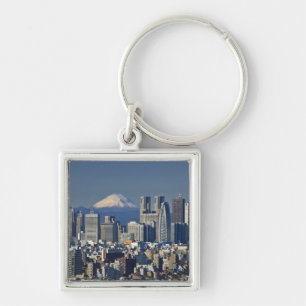 Tokyo, Shinjuku District Siluett, Mount Fuji, Fyrkantig Silverfärgad Nyckelring