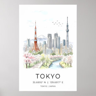 Tokyo Skyline Konsttryck, Vattenfärg Stadssiluett Poster
