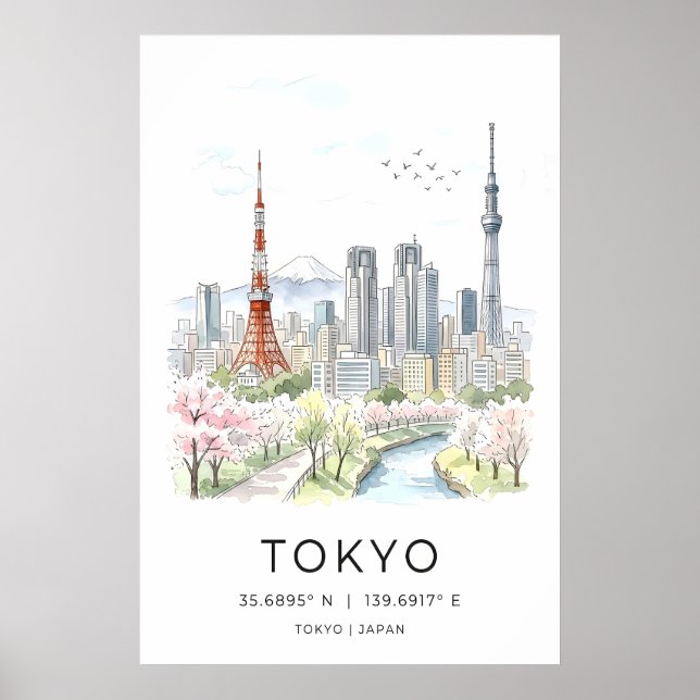 Tokyo Skyline Konsttryck, Vattenfärg Stadssiluett Poster (Framsidan)