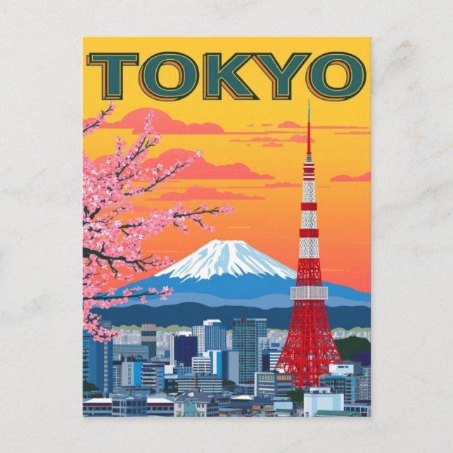 Tokyo Solnedgång och Mount Fuji Vykort (Framsida)