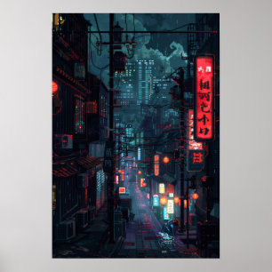 Tokyo-Stil Cyberpunk Futuristiska City vid Night P Poster