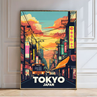 Tokyo Street Sunset-Vibrant Urban Japansk stad Fototryck