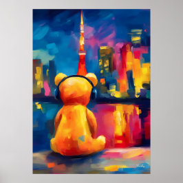 Tokyo Teddy Neon Siluett Natt Poster