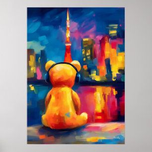 Tokyo Teddy Neon Siluett Natt Poster