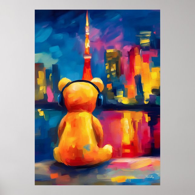 Tokyo Teddy Neon Skyline Night Reflection Poster (Framsidan)