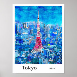 Tokyo Torn Japan Travel Watercolor Hand plockade Poster