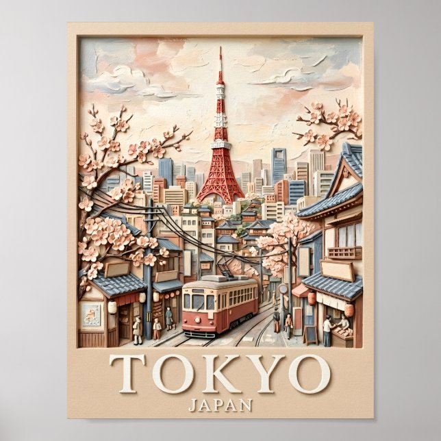 Tokyo Tower Japan Stadsscen Sakura Vintage Resa Poster (Framsidan)